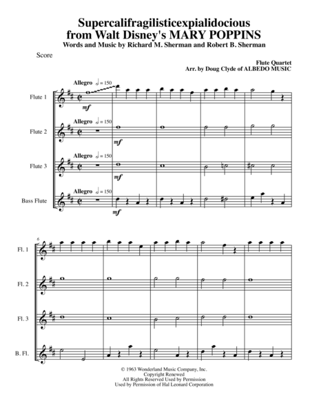 Supercalifragilisticexpialidocious From Walt Disneys Mary Poppins For Flute Quartet Sheet Music