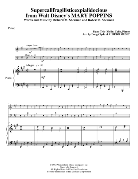 Supercalifragilisticexpialidocious From Walt Disneys Mary Poppins For Piano Trio Sheet Music