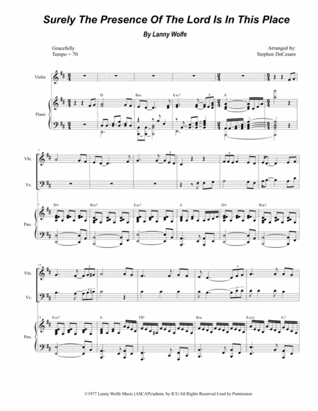 Free Sheet Music Surely The Presence Of The Lord Is In This Place Duet For Violin And Cello