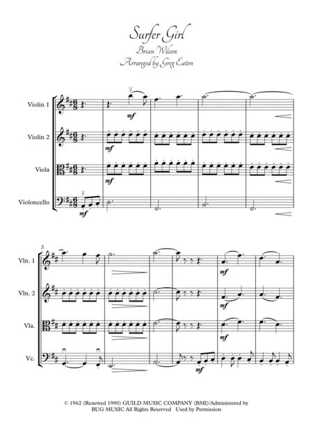 Surfer Girl By The Beach Boys Arranged For String Quartet By Greg Eaton Perfect For Gigging Quartets And School Ensembles Score And Parts Included Sheet Music