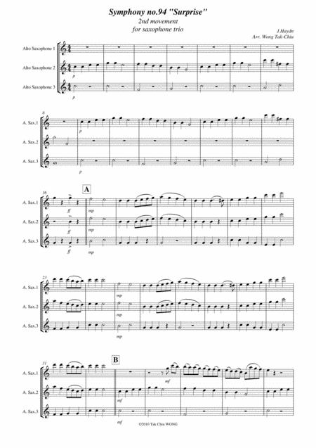 Free Sheet Music Surprise Symphony For Saxophone Trio