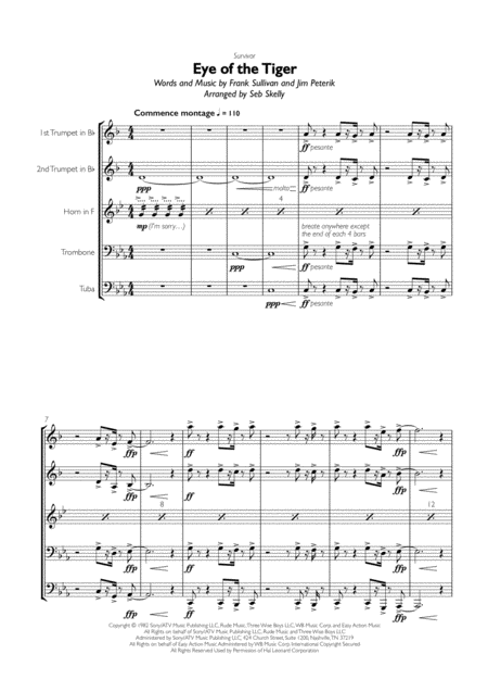 Survivor Eye Of The Tiger For Brass Quintet Sheet Music