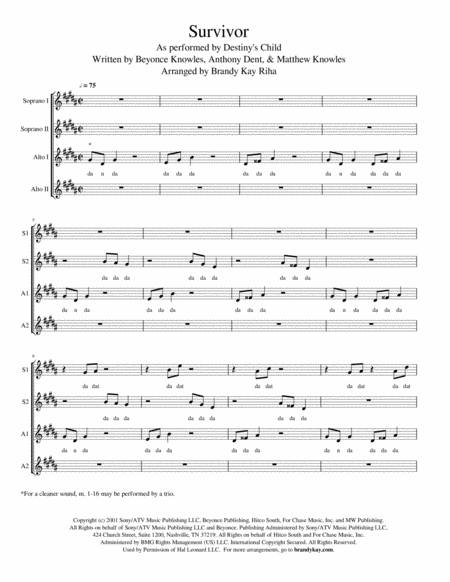 Free Sheet Music Survivor Ssaa A Cappella