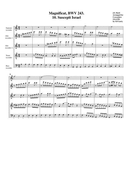 Free Sheet Music Suscepit Israel From Magnificat Bwv 243 Arrangement For 5 Recorders
