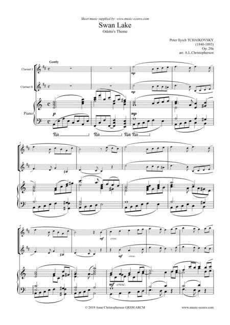 Free Sheet Music Swan Lake Odettes Theme 2 Clarinets And Piano