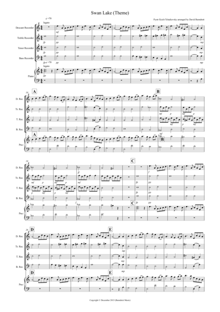 Swan Lake Theme For Recorder Quartet Sheet Music