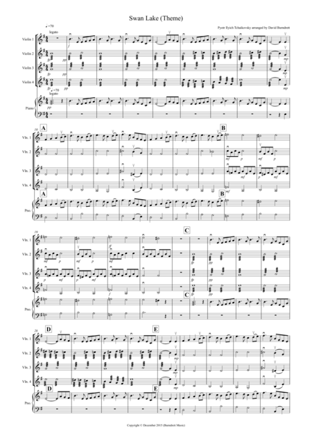 Swan Lake Theme For Violin Quartet Sheet Music