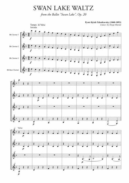 Swan Lake Waltz For Clarinet Quartet Sheet Music