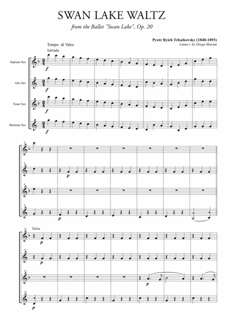 Free Sheet Music Swan Lake Waltz For Saxophone Quartet