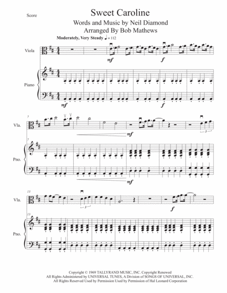 Sweet Caroline For Viola And Piano Sheet Music