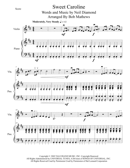 Free Sheet Music Sweet Caroline For Violin And Piano