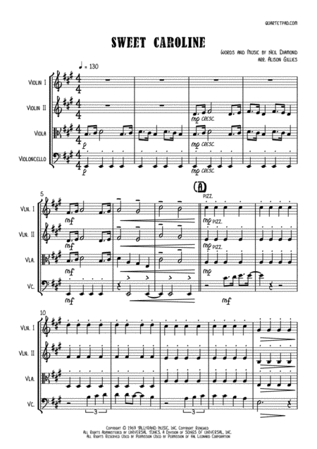 Sweet Caroline String Quartet Sheet Music