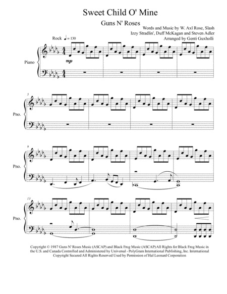 Sweet Child O Mine Piano Solo Sheet Music