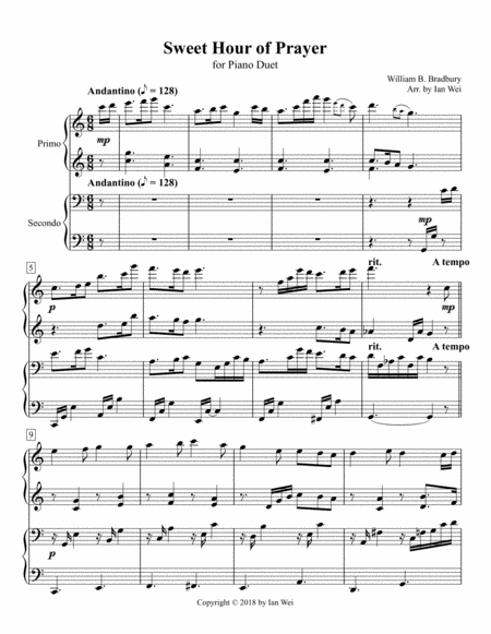 Free Sheet Music Sweet Hour Of Prayer For Piano Duet