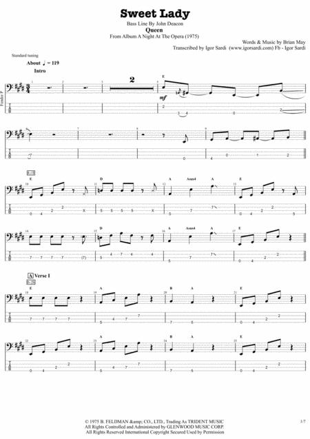 Sweet Lady Queen John Deacon Complete And Accurate Bass Transcription Whit Tab Sheet Music