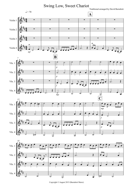 Free Sheet Music Swing Low Sweet Chariot For Violin Quartet