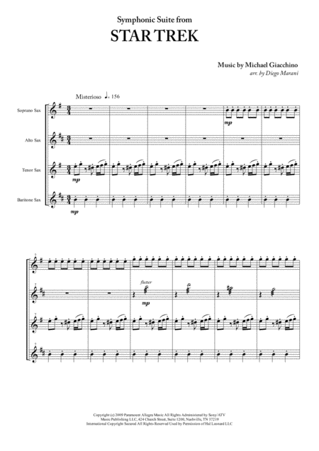 Symphonic Suite From Star Trek For Saxophone Quartet Sheet Music