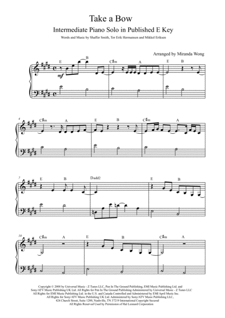 Free Sheet Music Take A Bow Intermediate Piano Solo In Published E C Key With Chords