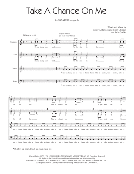 Take A Chance On Me Abba For Ssaattbb Vocal Octet Sheet Music