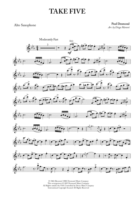 Free Sheet Music Take Five For Saxophone Quartet