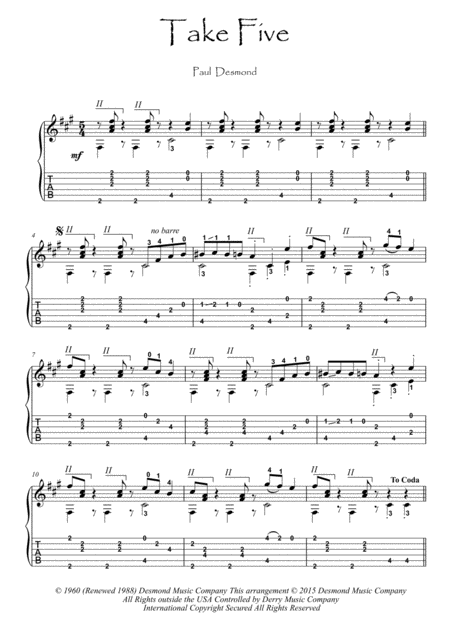 Free Sheet Music Take Five Guitar Solo Fingerstyle