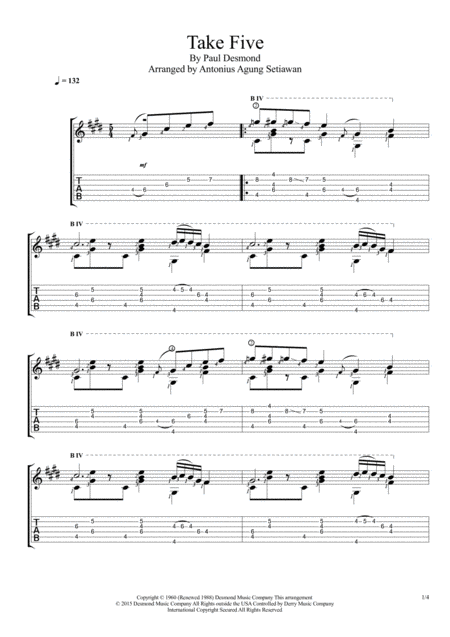 Take Five Solo Guitar Tablature Sheet Music