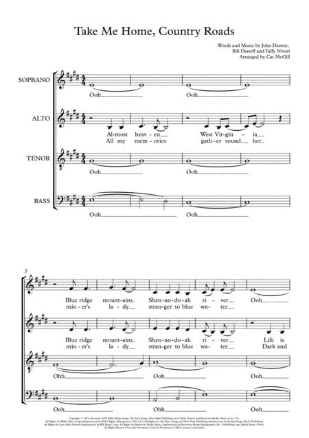 Free Sheet Music Take Me Home Country Roads Arranged For A Capella Choir