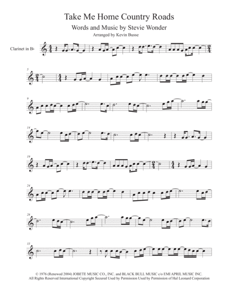 Take Me Home Country Roads Easy Key Of C Clarinet Sheet Music