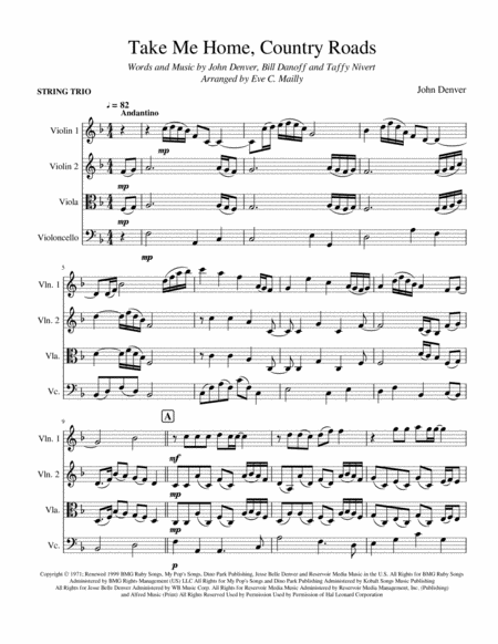 Take Me Home Country Roads John Denver String Trio Sheet Music