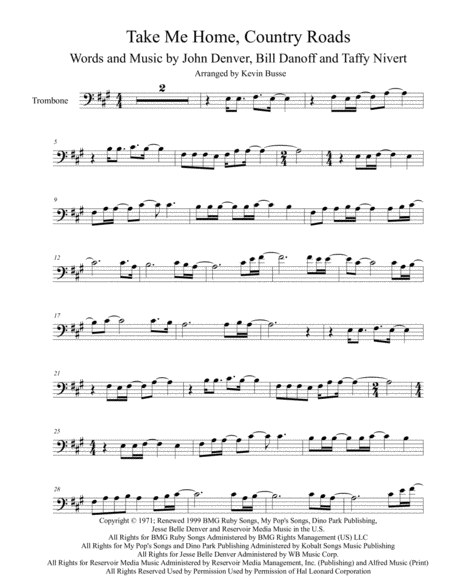 Take Me Home Country Roads Original Key Trombone Sheet Music