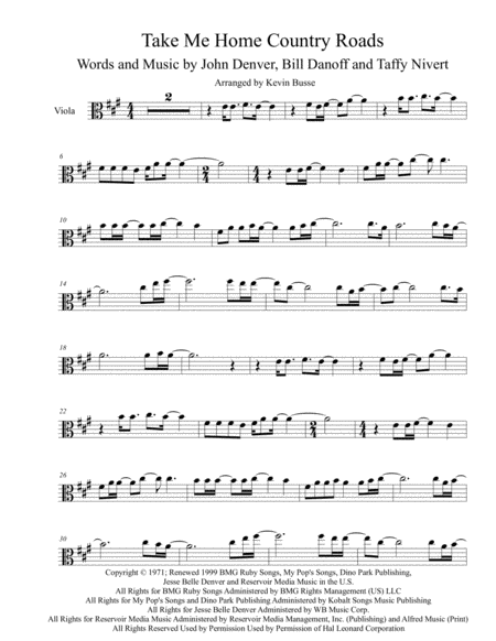 Free Sheet Music Take Me Home Country Roads Original Key Viola