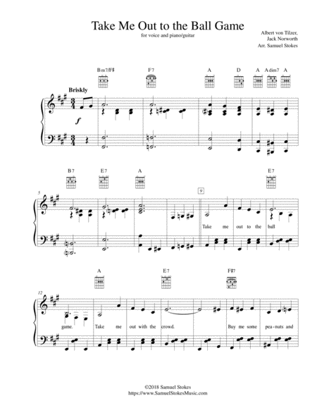 Free Sheet Music Take Me Out To The Ball Game For Piano Vocal With Optional Guitar Key Of A