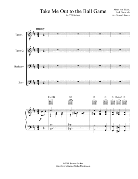Free Sheet Music Take Me Out To The Ball Game For Ttbb Choir With Piano Optional Guitar