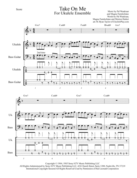 Take On Me A Ha Arranged For Ukulele Ensemble Orchestra Band Sheet Music