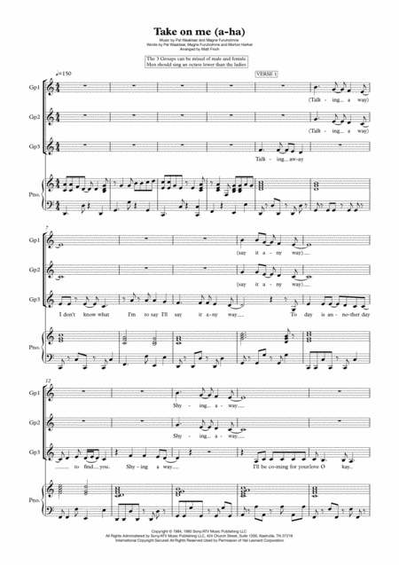 Take On Me By A Ha 3 Parts Sheet Music