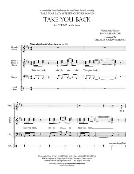 Take You Back Ttbb 2006 A Cappella Sheet Music