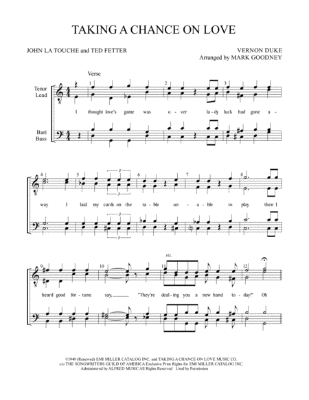 Taking A Chance On Love Barbershop Men Ttbb Chorus Quartet Sheet Music