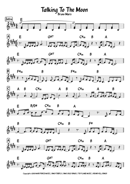 Free Sheet Music Talking To The Moon Bruno Mars Lead Sheet