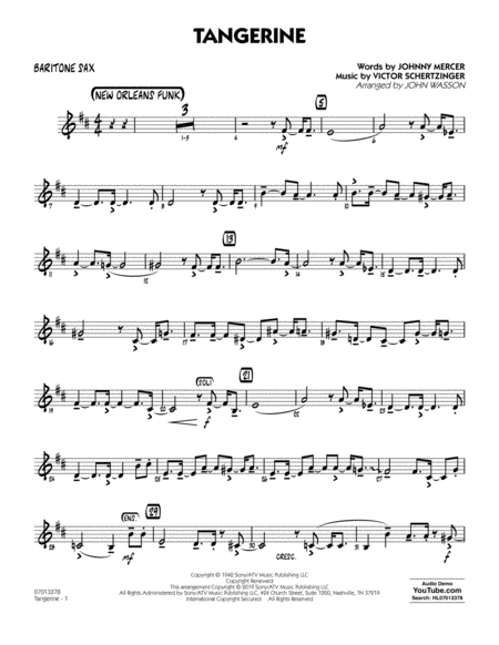 Tangerine Arr John Wasson Baritone Sax Sheet Music