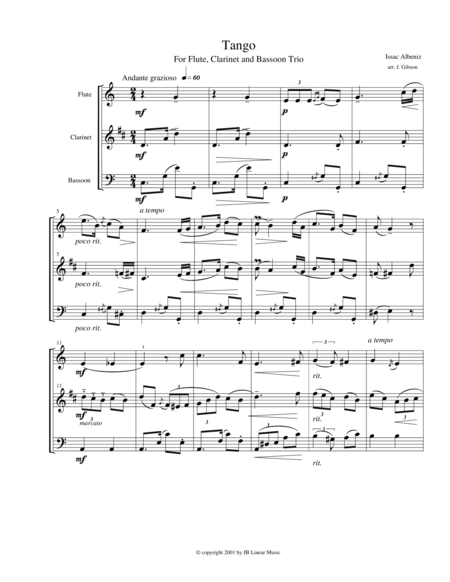 Free Sheet Music Tango By Albeniz For Flute Clarinet And Bassoon Trio