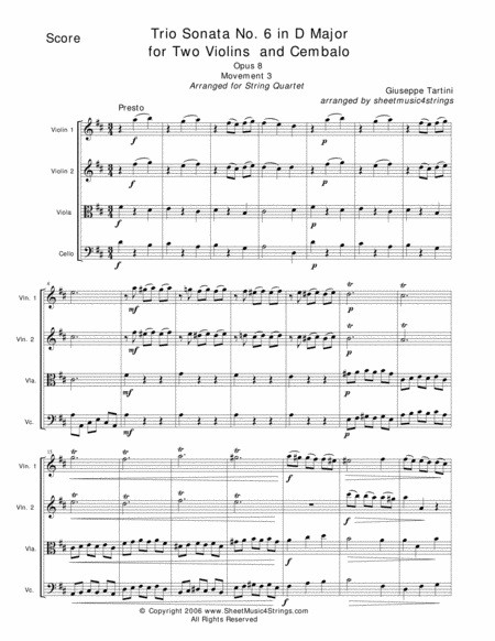 Tartini G Sonata No 6 For String Quartet Sheet Music