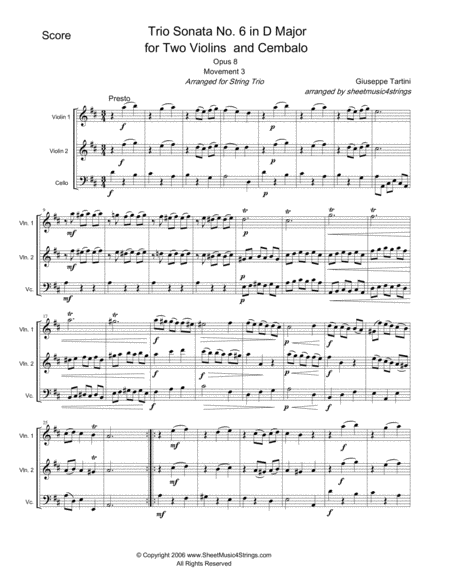 Free Sheet Music Tartini G Sonata No 6 For Two Violins And Cello