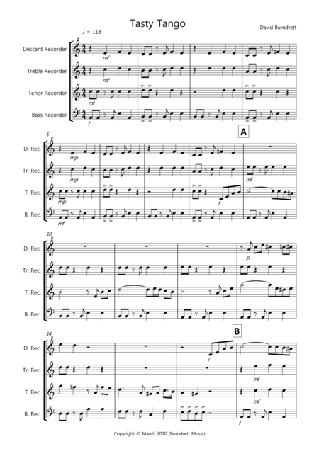 Tasty Tango For Recorder Quartet Sheet Music