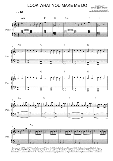 Taylor Swift Look What You Make Me Do Easy Piano Sheet Music