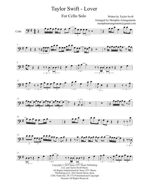 Taylor Swift Lover Cello Solo Sheet Music