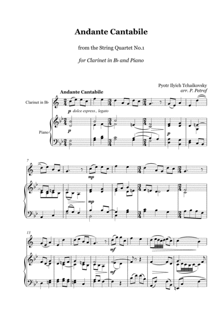 Tchaikovsky Andante Cantabile Clarinet In Bb And Piano Score And Parts Sheet Music