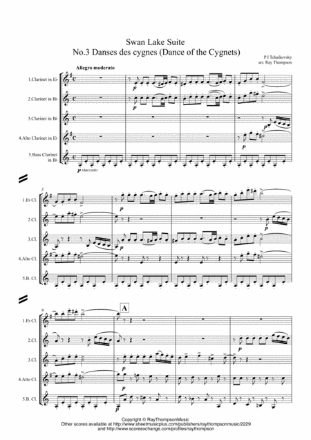 Tchaikovsky Swan Lake Suite Op 20a No 3 Danse Des Petite Cygnes Dance Of The Cygnets Clarinet Quintet Sheet Music