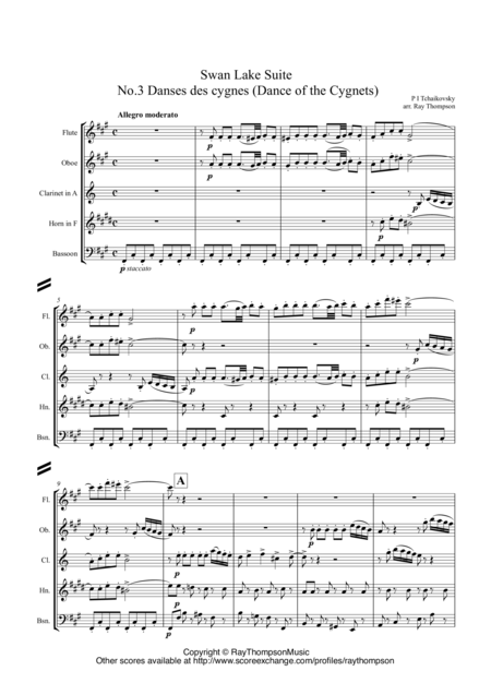 Tchaikovsky Swan Lake Suite Op 20a No 3 Danse Des Petite Cygnes Dance Of The Cygnets Wind Quintet Sheet Music