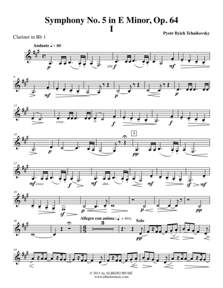 Free Sheet Music Tchaikovsky Symphony No 5 Movement I Clarinet In Bb 1 Transposed Part Op 64