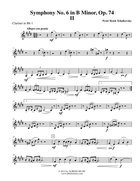 Tchaikovsky Symphony No 6 Movement Ii Clarinet In Bb 1 Transposed Part Op 74 Sheet Music